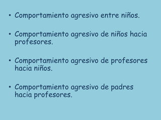 • Comportamiento agresivo entre niños.

• Comportamiento agresivo de niños hacia
  profesores.

• Comportamiento agresivo de profesores
  hacia niños.

• Comportamiento agresivo de padres
  hacia profesores.
 