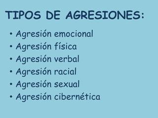 TIPOS DE AGRESIONES:
•   Agresión   emocional
•   Agresión   física
•   Agresión   verbal
•   Agresión   racial
•   Agresión   sexual
•   Agresión   cibernética
 