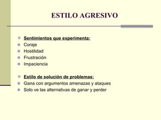 ESTILO AGRESIVO Sentimientos que experimenta: Coraje Hostilidad Frustración Impaciencia Estilo de solución de problemas: Gana con argumentos amenazas y ataques Solo ve las alternativas de ganar y perder 