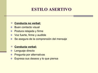 ESTILO ASERTIVO Conducta no verbal: Buen contacto visual Postura relajada y firme Voz fuerte, firme y audible Se asegura de la comprensión del mensaje Conducta verbal: Lenguaje directo Pregunta por alternativas Expresa sus deseos y lo que piensa 