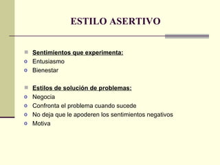 ESTILO ASERTIVO Sentimientos que experimenta: Entusiasmo Bienestar Estilos de solución de problemas: Negocia Confronta el problema cuando sucede No deja que le apoderen los sentimientos negativos Motiva 