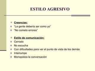 ESTILO AGRESIVO Creencias: “ La gente debería ser como yo” “ No cometo errores” Estilo de comunicación: Cerrado No escucha Con dificultades para ver el punto de vista de los demás Interrumpe Monopoliza la conversación 
