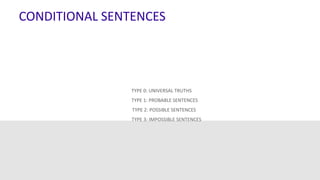 CONDITIONAL SENTENCES
TYPE 0: UNIVERSAL TRUTHS
TYPE 1: PROBABLE SENTENCES
TYPE 2: POSSIBLE SENTENCES
TYPE 3: IMPOSSIBLE SENTENCES
 
