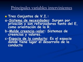 Principales variables intervinientes
 Tres Conjuntos de V.I.:
a-Sistema de necesidades: Surgen por
  privación y son reforzadoras tanto del E,
  como orientación de la R.
b-Molde creencia-valor: Sistemas de
  creencias y valores.
c-Espacio de la conducta: Es el espacio
  donde tiene lugar el desarrollo de la
  conducta
 
