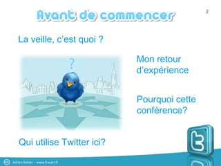 2




   La veille, c’est quoi ?

                                 Mon retour
                                 d’expérience


                                 Pourquoi cette
                                 conférence?


    Qui utilise Twitter ici?
Adrien Rahier – www.fracart.fr
 