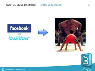 TWITTER, MODE D’EMPLOI :         Twitter VS Facebook   5




Adrien Rahier – www.fracart.fr
 