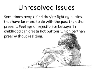 Unresolved Issues
Sometimes people find they’re fighting battles
that have far more to do with the past then the
present. Feelings of rejection or betrayal in
childhood can create hot buttons which partners
press without realizing.
 