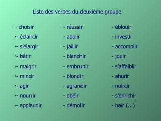 Liste des verbes du deuxième groupe

- choisir             - réussir          - éblouir
- éclaircir
•                     - abolir           - investir
- s’élargir
•                     - jaillir          - accomplir
- bâtir
•                     - blanchir         - jouir
- maigrir
•                     - embrunir         - s’affaiblir
- mincir
•                     - blondir          - ahurir
- agir
•                     - agrandir         - noircir
- nourrir
•                     - obéir            - s’enrichir
- applaudir
•                     - démolir          - haïr (...)
 