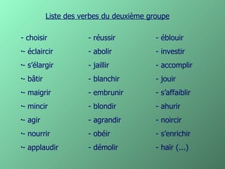Liste des verbes du deuxième groupe

- choisir             - réussir          - éblouir
- éclaircir
•                     ...