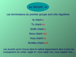 1er GROUPE: -er Je chant- e Tu chant- es Il/elle chant- e Nous chant- ons Vous chant- ez Ils/elles chant- ent Les terminaisons du premier groupe sont très régulières Les accents qu’on trouve dans le radical apparaissent dans toutes les conjugaisons du verbe: esp é r-er: nous esp é r-ons, nous esp é rer-ons... 