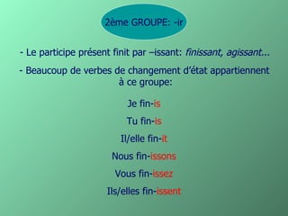 2ème GROUPE: -ir Je fin- is Tu fin- is Il/elle fin- it Nous fin- issons Vous fin- issez Ils/elles fin- issent - Beaucoup de verbes de changement d’état appartiennent  à ce groupe: - Le participe présent finit par –issant:  finissant, agissant... 