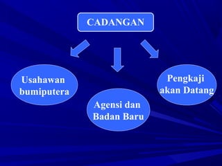 CADANGAN
Usahawan
bumiputera
Agensi dan
Badan Baru
Pengkaji
akan Datang
 
