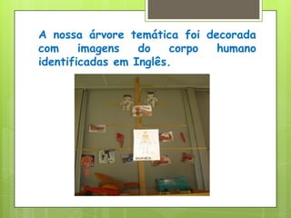 A nossa árvore temática foi decorada  com imagens do corpo humano  identificadas em Inglês.