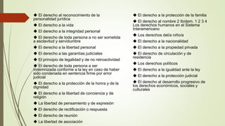 ◆ El derecho al reconocimiento de la
personalidad jurídica
◆ El derecho a la vida
◆ El derecho a la integridad personal
◆ El derecho de toda persona a no ser sometida
a esclavitud y servidumbre
◆ El derecho a la libertad personal
◆ El derecho a las garantías judiciales
◆ El principio de legalidad y de no retroactividad
◆ El derecho de toda persona a ser
indemnizada conforme a la ley en caso de haber
sido condenada en sentencia firme por error
judicial
◆ El derecho a la protección de la honra y de la
dignidad
◆ El derecho a la libertad de conciencia y de
religión
◆ La libertad de pensamiento y de expresión
◆ El derecho de rectificación o respuesta
◆ El derecho de reunión
◆ La libertad de asociación
◆ El derecho a la protección de la familia
◆ El derecho al nombre 2 Ibídem. 1 2 3 4
Los derechos humanos en el Sistema
Interamericano
◆ Los derechos del/a niño/a
◆ El derecho a la nacionalidad
◆ El derecho a la propiedad privada
◆ El derecho de circulación y de
residencia
◆ Los derechos políticos
◆ El derecho a la igualdad ante la ley
◆ El derecho a la protección judicial
◆ El derecho al desarrollo progresivo de
los derechos económicos, sociales y
culturales
 