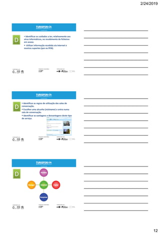 2/24/2019
12
 Identificar os cuidados a ter, relativamente aos
vírus informáticos, no recebimento de ficheiros
em anexo.
 Utilizar informação recebida via internet e
noutros suportes (por ex PEN).
33
 Identificar as regras de utilização das salas de
conversação.
 Escolher uma alcunha (nickname) e entra numa
sala de conversação.
 Identificar as vantagens e desvantagens deste tipo
de serviço.
3435
 