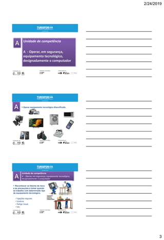 2/24/2019
3
Unidade de competência
A - Operar, em segurança,
equipamento tecnológico,
designadamente o computador
6
 Operar equipamento tecnológico diversificado.
7
Unidade de competência
A - Operar, em segurança, equipamento tecnológico,
designadamente o computador
 Reconhecer os fatores de risco
e as precauções a tomar quando
se trabalha com determinado tipo
de equipamento tecnológico.
ligações seguras,
postura,
fadiga visual,
etc.
8
 