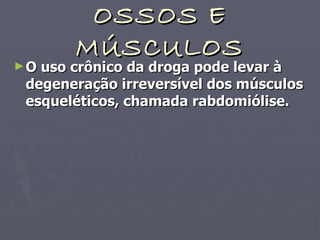 OSSOS E MÚSCULOS O uso crônico da droga pode levar à degeneração irreversível dos músculos esqueléticos, chamada rabdomiólise. 