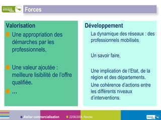 Forces

Valorisation                                    Développement
  Une appropriation des                             La dynamique des réseaux : des
  démarches par les                                 professionnels mobilisés
  professionnels,
                                                    Un savoir faire,

  Une valeur ajoutée :
                                                    Une implication de l’Etat, de la
  meilleure lisibilité de l’offre                   région et des départements.
  qualifiée.                                        Une cohérence d’actions entre
  …                                                 les différents niveaux
                                                    d’interventions.


        Atelier commercialisation   22/06/2009, Rennes
 