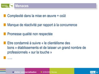 Menaces

Complexité dans la mise en œuvre + coût

Manque de réactivité par rapport à la concurrence

Promesse qualité non respectée

Etre condamné à suivre « le clientélisme des
bons » établissements et de laisser un grand nombre de
professionnels « sur la touche »
…..


     Atelier commercialisation   22/06/2009, Rennes
 
