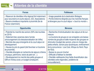 Attentes de la clientèle - Recherche d’individualisation des séjours et de sur-mesure - Le tourisme de groupe en car enregistre une baisse : nombre de groupes et taille moyenne des groupes en diminution (budget des seniors, prise en charge des petits enfants, seniors plus dynamiques, renforcement de la concurrence : Low Cost, Afrique du Nord, Pays de l’Est).  - Baisse du pouvoir d’achat - Difficulté à fidéliser la clientèle - Clientèle vieillissante (trop faible diversification des clientèles extra régionales, problème de renouvellement) - Potentiel du marché des seniors (50% des touristes en 2015) - Etalement des vacances dans l’année (encouragement à la dessaisonalisation de l’offre) - Marchés des pays émergents et du court séjour en développement - Hausse du prix du gasoil (doit favoriser un tourisme de proximité). - Clientèle étrangère en recherche de séjours à thème (musique, patrimoine, loisirs de plein-air…).  - Développement du marché des petits groupes et GIR en minibus avec un budget conséquent. Menaces Opportunités - Image passéiste de la destination Bretagne - Pointe bretonne éloignée pour les marchés français et étrangers pour le court séjour: « bout du monde ». - Réservoir de clientèles infra régional fort notamment pour excursions et courts séjours, (CE, Associations) - Bassins émetteurs importants à proximité (Ile de France notamment) Faiblesses Forces 