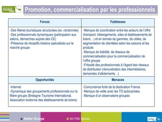 Promotion, commercialisation par les professionnels Concurrence forte de la destination France Manque de veille avec les TO autocaristes Manque d’un observatoire groupes Internet Dynamique des groupements professionnels sur la filière groupe (Bretagne Tourisme International, Association bretonne des établissements de loisirs) Menaces Opportunités Manque de coordination entre les acteurs de l’offre (transport, hébergements, sites et établissements de loisirs…) et en termes de gammes, de cibles, de segmentation de clientèles selon les saisons et les produits Manque de lisibilité, de réseaux de commercialisation pour la commercialisation de l’offre groupe Frilosité des professionnels à l’égard des réseaux de distribution (rémunération des intermédiaires, demandes d’allotements…) Des filières touristiques structurées (ex. randonnée) Des professionnels dynamiques (participation aux salons, démarches auprès des CE) Présence de réceptifs bretons spécialisés sur le marché groupe Faiblesses Forces 
