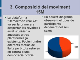 3. Composició del moviment
15M
●

La plataforma
“Democracia real YA”
va ser la primera a
despertar les revoltes i
aviat s'unirien a
aquestes altres
plataformes ja
existents. Podien tindre
diferents motius de
lluita però tots estaven
en contra d'una
democràcia fictícia.

●

En aquest diagrama
observem el tipus de
participants
depenent del seu
sexe:

 