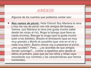 ANEXOS
    Algunos de los cuentos que podemos contar son:

   Nos vamos de picnic: Hola Chicos! Soy Mariana la rana
    y hoy me voy de picnic con mis amigos del bosque.
    Vamos: (yo) Mariana la rana (me gusta mucho saltar
    desde las rocas al río), Muga la tortuga (que lleva su
    casita encima), Besuga la oruga (que la gusta mucho
    subir a los árboles), Braulio el dinosaurio (que es muy
    muy grande) y Morilo el cocodrilo (que vive en el rio y
    nada muy bien). Bueno chicos voy a preparara el picnic
    ¿me ayudáis?. Pero.... ¿os acordáis de que amigos
    venían conmigo?....(volver a repetirlos pero desde el
    último al primero, para que así los niños y niñas vaya
    recordando sus nombres y las características que hemos
    nombrado).
 