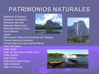 PATRIMONIOS NATURALES
Balneario El Bosque.
Balneario Candelaria.
Balneario Marcela.
Balneario Marhuanta.
Balneario María Lionza.
Cerro Bolívar.
Jaspe.
Monumento Natural formaciones de Tepuyes.
Parque Nacional Canaima.
Parque Nacional Jaua-Sarisariñama.
Paso del Danto.
Saltp Angel.
Salto de Aponwao (chinak-meru).
Salto Haema.
Salto Kama.
Salto Kawí (Kawí-merú).
Salto Kukenán.
Salto La Llovizna.
 