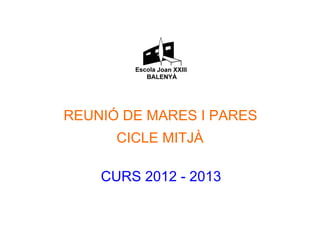 REUNIÓ DE MARES I PARES
CICLE MITJÀ
CURS 2012 - 2013
 