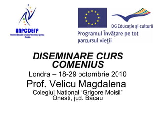 DISEMINARE CURS COMENIUS Londra – 18-29 octombrie 2010 Prof. Velicu Magdalena  Colegiul National “Grigore Moisil” Onesti, jud. Bacau 