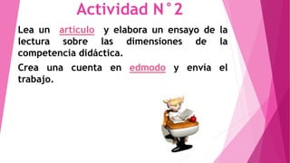 Actividad N°2 
Lea un artículo y elabora un ensayo de la 
lectura sobre las dimensiones de la 
competencia didáctica. 
Crea una cuenta en edmodo y envía el 
trabajo. 
 
