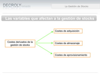 Diferencias entre Web 1.0 y Web 2.0Diferencias entre Web 1.0 y Web 2.0Diferencias entre Web 1.0 y Web 2.0La Gestión de Stocks
Las variables que afectan a la gestión de stocks
Costes derivados de la
gestión de stocks
Costes de adquisición
Costes de almacenaje
Costes de aprovisionamiento
 