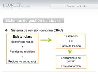 Diferencias entre Web 1.0 y Web 2.0Diferencias entre Web 1.0 y Web 2.0Diferencias entre Web 1.0 y Web 2.0La Gestión de Stocks
Sistema de revisión continua (SRC)
Sistemas de gestión de stocks
Existencias:
Existencias reales
+
Pedidos no recibidos
-
Pedidos no entregados
Existencias
< =
Punto de Pedido
Lanzamiento de
pedido
Lote económico
 