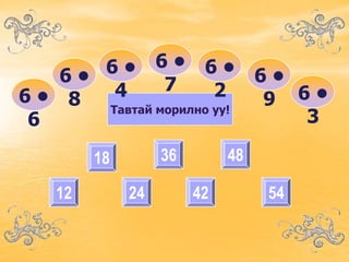 о
   6• л у ш к
      6• 6• 6• 6•
              7            а
з
6• 8   4             2
      Тавтай морилно уу!
                         9 6•
6                          3

        18        36        48

   12        24        42        54
 