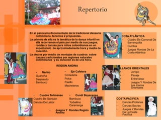 Repertorio
COTA ATLÁNTICA
• Cuadro De Carnaval De
Barranquilla
• Cumbia
• Juegos Rondas De La
Costa Atlántica
LLANOS ORIENTALES
• Joropo
• Pasaje
• Entreverao
• Juegos Y Rondas De
Los Llanos
Orientales
En el panorama documentado de la tradicional danzaria
colombiana, tenemos 2 propuestas.
La primera de ella es la temática de la danza infantil en
ella recorremos el país por medio de sus juegos,
rondas y danzas para niños colombianos en un
espectáculo de aproximadamente hora y media de
duración.
La otra es por medio de montajes de cuadros sobre
danzas tradicionales por regiones naturales
colombianas y su duración es de una hora.
• Nariño
Guaneña
Sanjuanito
Bambuco
• Cuadro Tolimense
Cuadro De Sanjuán
Danzas De Labor
• Cundí Boyacense
Bambuco
Torbellino
Cararranga
• Eje Cafetera
Cortadeña
Polca
Pasillo
Macheteros
REGION ANDINA
• Juegos Y Rondas Región
Andina
COSTA PACIFICA
• Danzas Profanas
• Danzas Sacras
• Juegos Y Rondas
De La Costa
Pacifica
 
