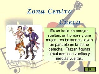 Zona Centro
Cueca
Es un baile de parejas
sueltas, un hombre y una
mujer. Los bailarines llevan
un pañuelo en la mano
derecha. Trazan figuras
circulares, con vueltas y
medias vueltas.
Es un baile de parejas
sueltas, un hombre y una
mujer. Los bailarines llevan
un pañuelo en la mano
derecha. Trazan figuras
circulares, con vueltas y
medias vueltas.
 
