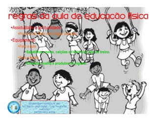 Regras da aula de educação física
•Assiduidade e pontualidade:
   •Procura não faltar nem chegar atrasado;
•Equipamento:
   •Para a aula
       •Sapatilhas; meias, calções e t’shirt e/ou fato de treino.
   •Para o banho
       •Chinelos, toalha e produtos de higiene.




            Abordagem Teórica 8 Ano
      Ed. Física / Esp. Desp. / Cap. Motoras
                        Natação
                  Luís ferreira 2009
 