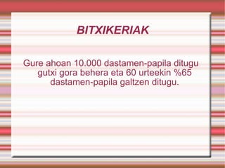 BITXIKERIAK Gure ahoan 10.000 dastamen-papila ditugu gutxi gora behera eta 60 urteekin %65 dastamen-papila galtzen ditugu. 