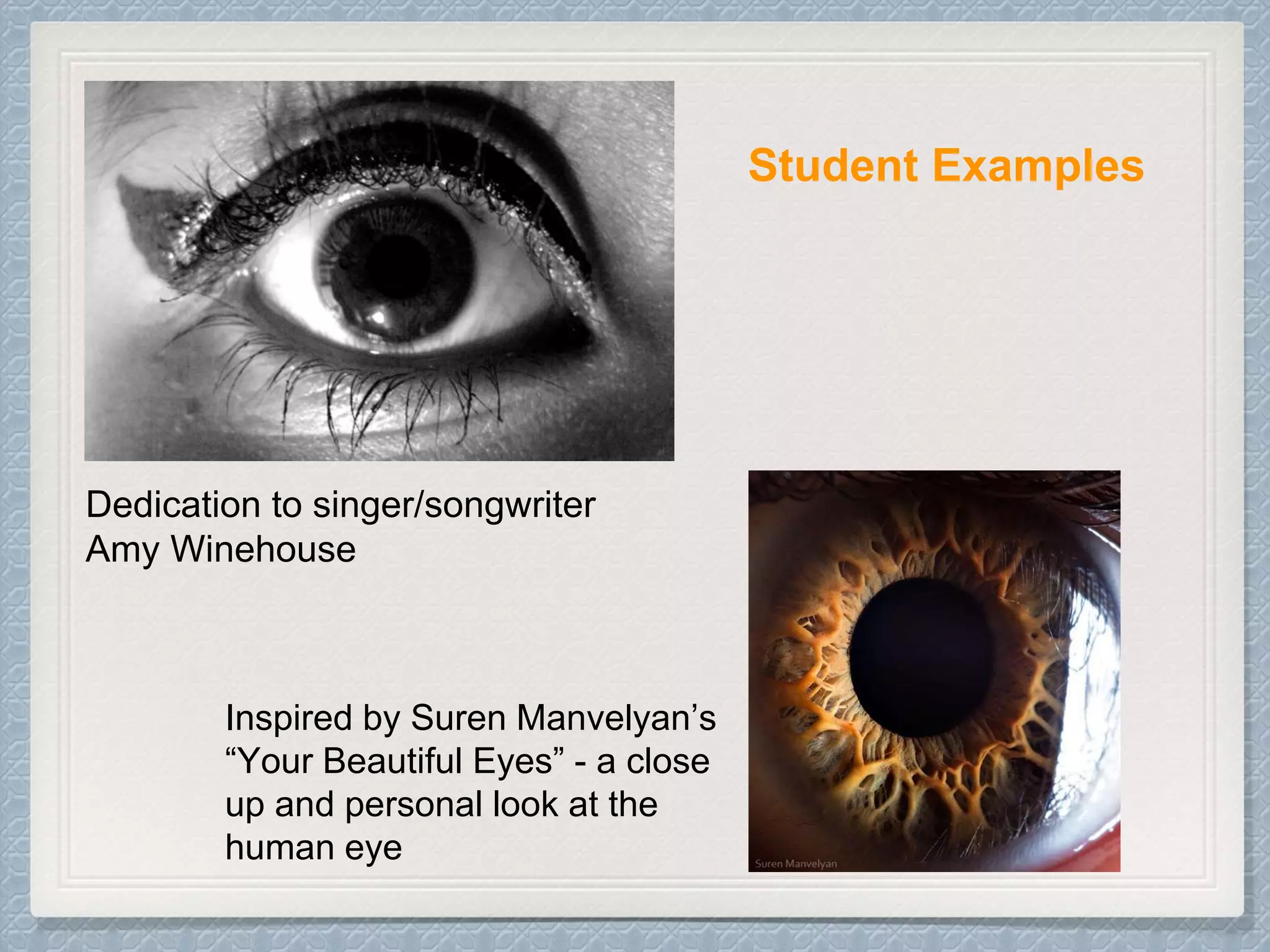 Dedication to singer/songwriter
Amy Winehouse
Inspired by Suren Manvelyan’s
“Your Beautiful Eyes” - a close
up and personal look at the
human eye
Student Examples
 