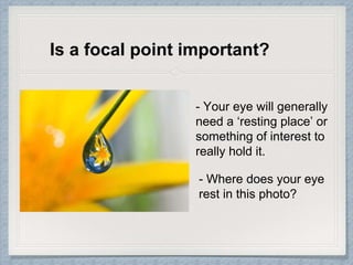 Is a focal point important?
- Your eye will generally
need a ‘resting place’ or
something of interest to
really hold it.
- Where does your eye
rest in this photo?
 