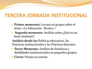 TERCERA JORNADA INSTITUCIONAL 
 Primer momento: Lectura en grupos sobre el 
texto: «La Educación Técnica « 
 Segundo momento: Análisis sobre ¿Qué es un 
buen instituto? 
Análisis desde las Políticas educativas, las 
Prácticas institucionales y las Prácticas docentes 
 Tercer Momento: Análisis de fortalezas y 
debilidades institucionales en pequeños grupos. 
 Cierre: Puesta en común. 
 
