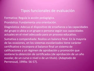 Tipos funcionales de evaluación
Formativa: Regula la acción pedagógica.
Pronóstica: Fundamenta una orientación.
Diagnóstica: Adecua el dispositivo de enseñanza a las capacidades
del grupo o ubica a un grupo o persona según sus capacidades
actuales en el nivel adecuado para un proceso educativo.
Sumativa o compendiada: Realiza un balance ﬁnal. En la mayoría
de las ocasiones, en los sistemas escolarizados tiene carácter
certiﬁcativo e incorpora al balance ﬁnal un sistema de
calificaciones y un régimen de aprobación y promoción que
sostiene la obtención de certiﬁcados (de aprobación de un año
escolar, de un curso o nivel o de un título). (Adaptado de
Perrenoud, 1999a: 56-57).
 