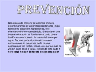 Prevención Con objeto de prevenir la tendinitis primero determinaremos el factor desencadenante (mala técnica de ejecución, repeticiones, etc) eliminándolo o compensándolo. El mantener una buena hidratación es fundamental dado que el tendón esta compuesto fundamentalmente por agua. Por otra parte si presumimos o nos encontramos en presencia de la misma, aplicaremos frio (bolsa, paños, etc) por no más de 20 min en la zona a tratar, repitiendo esto cada 1 hora  (bajo ningún concepto se aplicara calor 