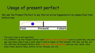 We use the Present Perfect to say that an action happened at an unspecified time
before now.
• The exact time is not important.
• You CANNOT use the Present Perfect with specific time expressions such as: yesterday, one year
ago, last week, when I was a child, when I lived in Japan, at that moment, that day, one day, etc.
• You CAN use the Present Perfect with unspecific time expressions such as: ever, never, once,
many times, several times, before, so far, already, yet, etc.
Usage of present perfect
 