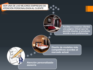 SER UNA DE LAS MEJORES EMPRESAS DE
ATENCIÓN PERSONALIZADA AL CLIENTE

Facilitar a nuestros clientes
una página virtual que les
permita diseñar el producto
acorde a sus preferencias

Diseño de modelos más
competitivos acordes al
mercado actual.

Atención personalizadaasesoría

 