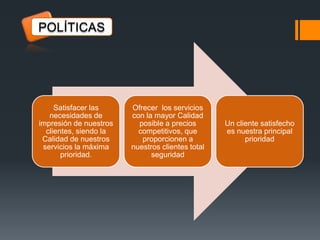 POLÍTICAS

Satisfacer las
necesidades de
impresión de nuestros
clientes, siendo la
Calidad de nuestros
servicios la máxima
prioridad.

Ofrecer los servicios
con la mayor Calidad
posible a precios
competitivos, que
proporcionen a
nuestros clientes total
seguridad

Un cliente satisfecho
es nuestra principal
prioridad

 