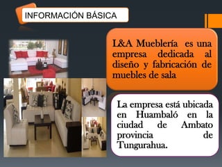 INFORMACIÓN BÁSICA

L&A Mueblería es una
empresa dedicada al
diseño y fabricación de
muebles de sala
La empresa está ubicada
en Huambaló en la
ciudad de Ambato
provincia
de
Tungurahua.

 
