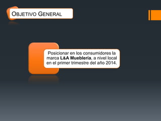 OBJETIVO GENERAL

Posicionar en los consumidores la
marca L&A Mueblería, a nivel local
en el primer trimestre del año 2014.

 