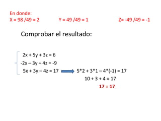 En donde:
X = 98 /49 = 2 Y = 49 /49 = 1 Z= -49 /49 = -1
Comprobar el resultado:
2x + 5y + 3z = 6
-2x – 3y + 4z = -9
5x + 3y – 4z = 17 5*2 + 3*1 – 4*(-1) = 17
10 + 3 + 4 = 17
17 = 17
 