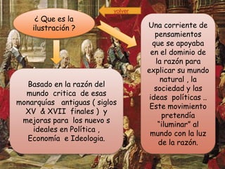 volver
     ¿ Que es la
    ilustración ?                   Una corriente de
                                       pensamientos
                                      que se apoyaba
                                     en el dominio de
                                       la razón para
                                    explicar su mundo
                                         natural , la
  Basado en la razón del
                                       sociedad y las
  mundo critica de esas
                                     ideas políticas ..
monarquías antiguas ( siglos
                                     Este movimiento
  XV & XVII finales ) y
                                         pretendía
 mejoras para los nuevo s
                                        “iluminar” al
    ideales en Política ,
                                     mundo con la luz
  Economía e Ideologia.
                                        de la razón.
 